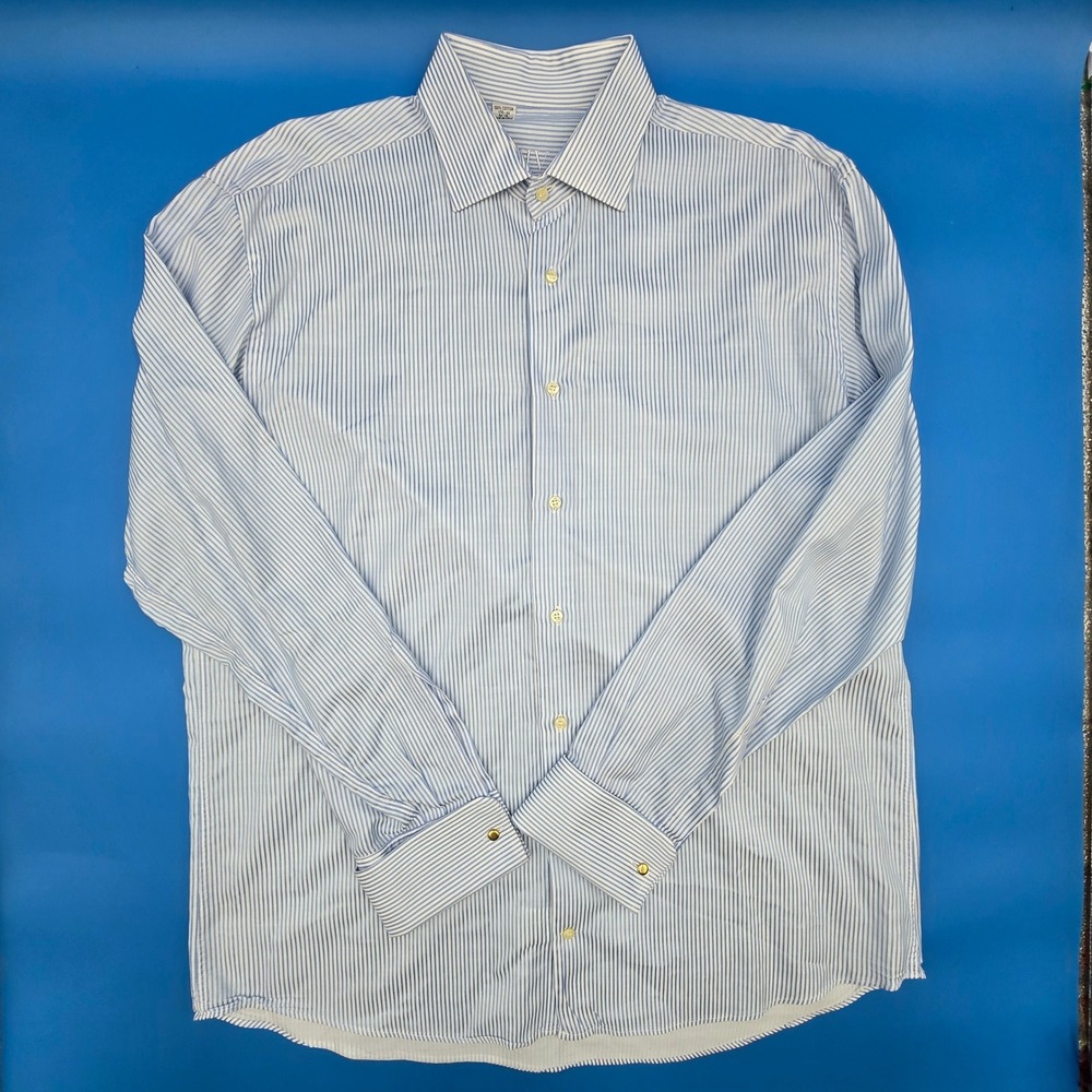 VIV Italy Blue White Striped French Cuff Dress Shirt 17.5 34/35 100%‎ Cotton